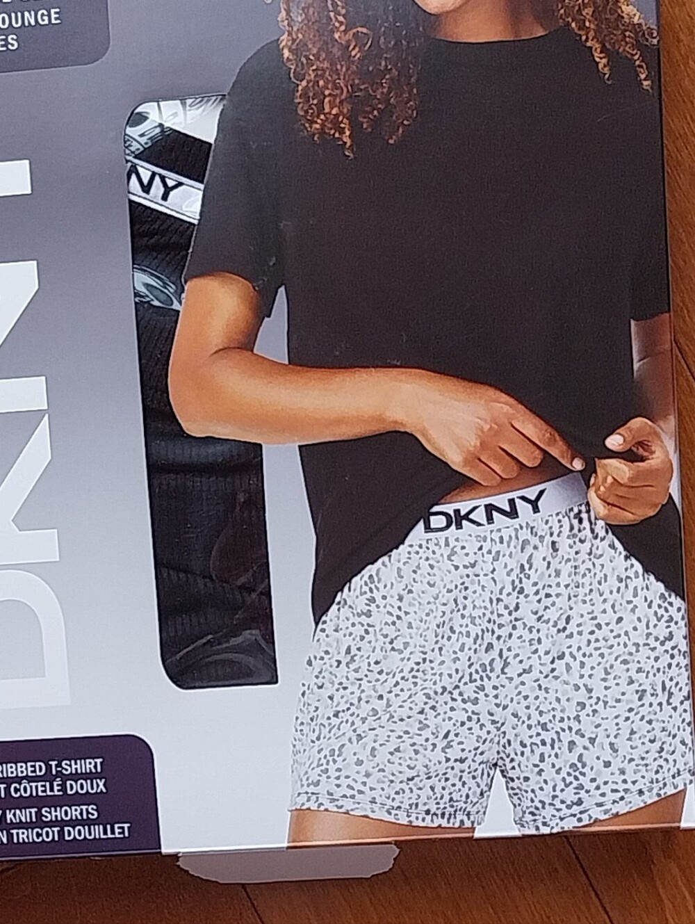 DKNY 2 Pcs Set Lounge Wear， Black Tee with Black and White Leopard Print Shorts